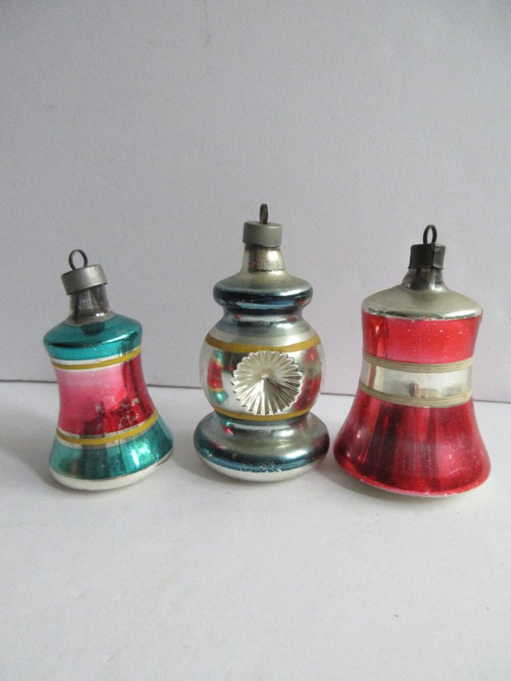 3 Premier Glass Works Christmas Ornaments 2 Bells & 1 Double Indent Lantern